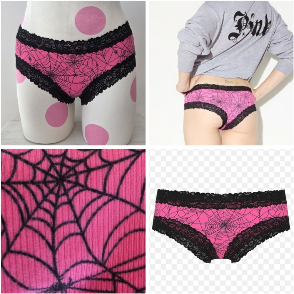 Victoria's Secret PINK Wink Lace-Trim Cheeky Panty Black Spider Webs Ribbed NWT